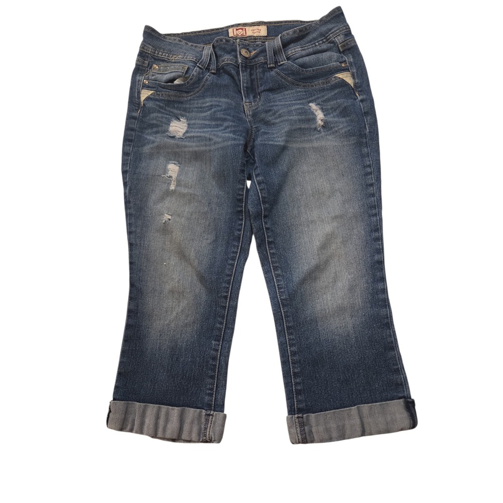 l.e.i. Ashley‎ Lowrise Capri Jeans Junior 9 Regular Distressed Blue Denim Cuffed
